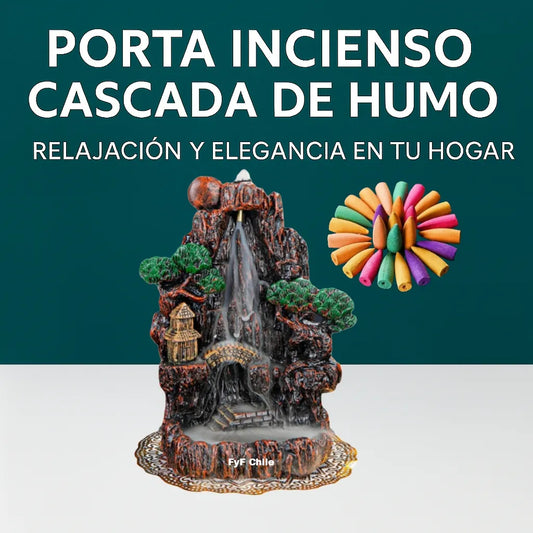 Porta incienso cascada de humo decorativo en mesa de mármol con fondo zen