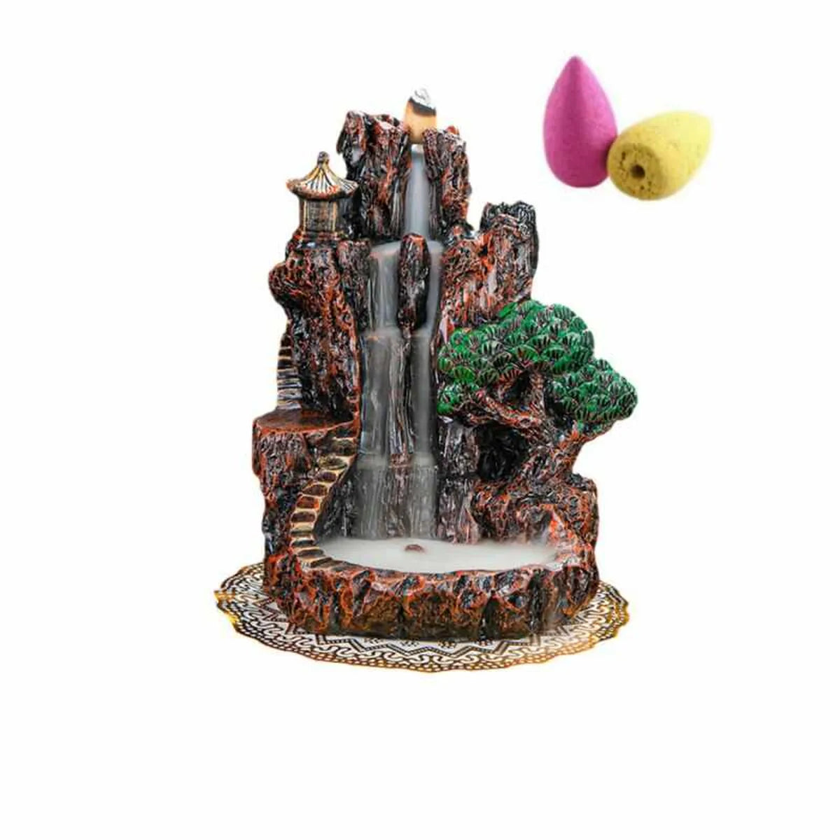 Porta incienso cascada de humo con diseño zen tipo montaña, incluye conos aromáticos para efecto cascada relajante.
