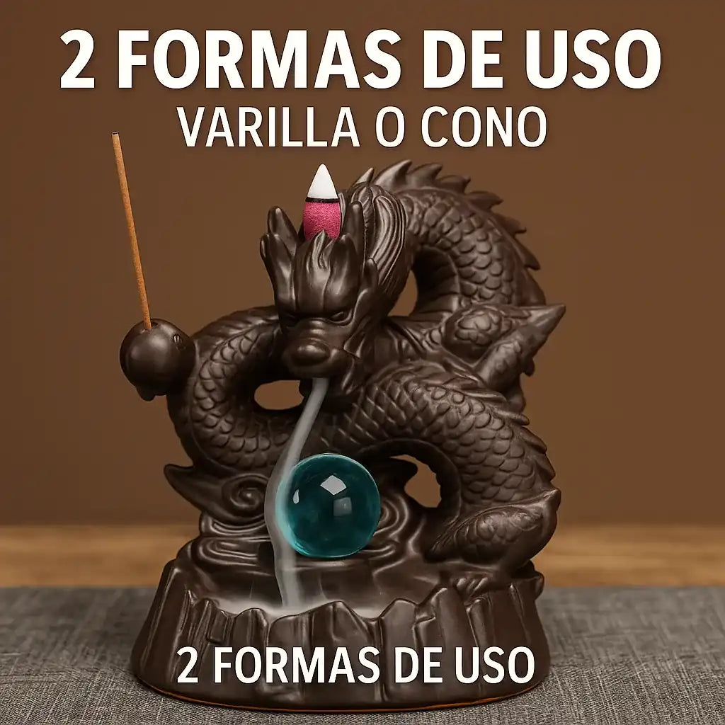 Porta incienso de cerámica con forma de dragón oriental, compatible con conos y varillas, esfera azul y humo en cascada.