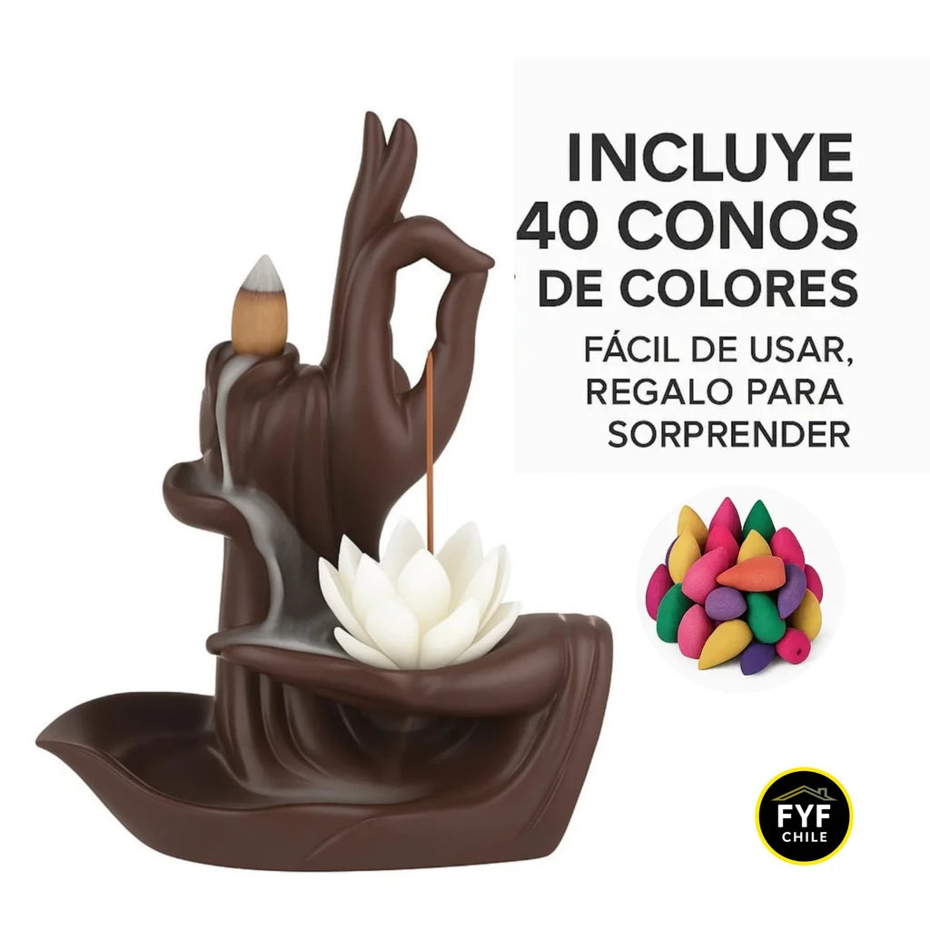 Quemador de incienso cascada con 40 conos backflow incluidos, listo para usar.