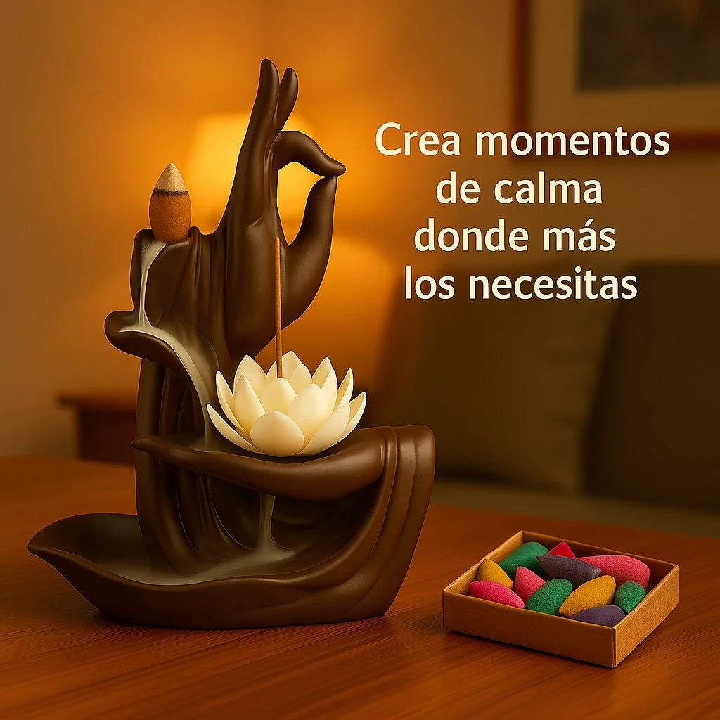 Set completo de quemador de incienso cascada con caja de conos aromáticos para relajación
