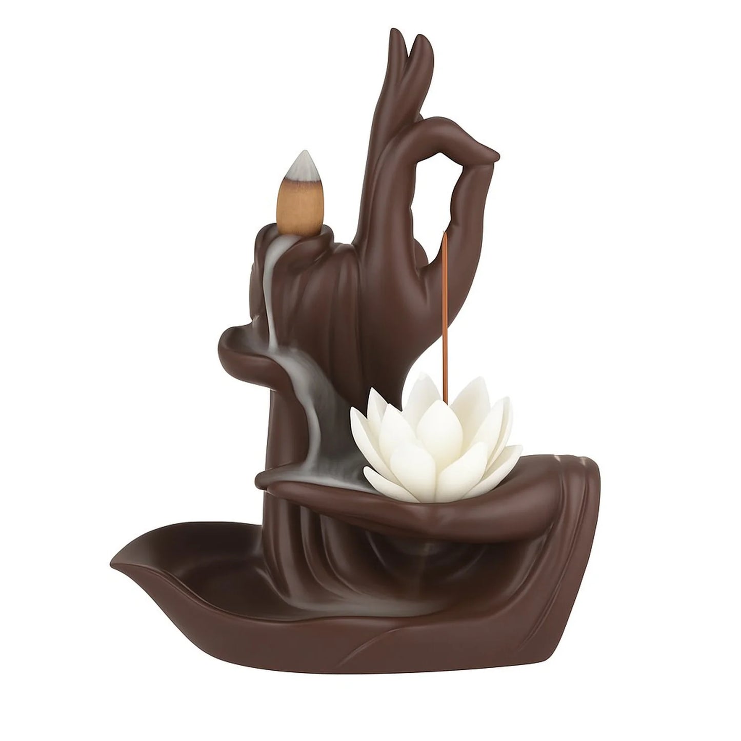 Quemador de incienso cascada zen de cerámica con flor de loto, diseño decorativo para el hogar.