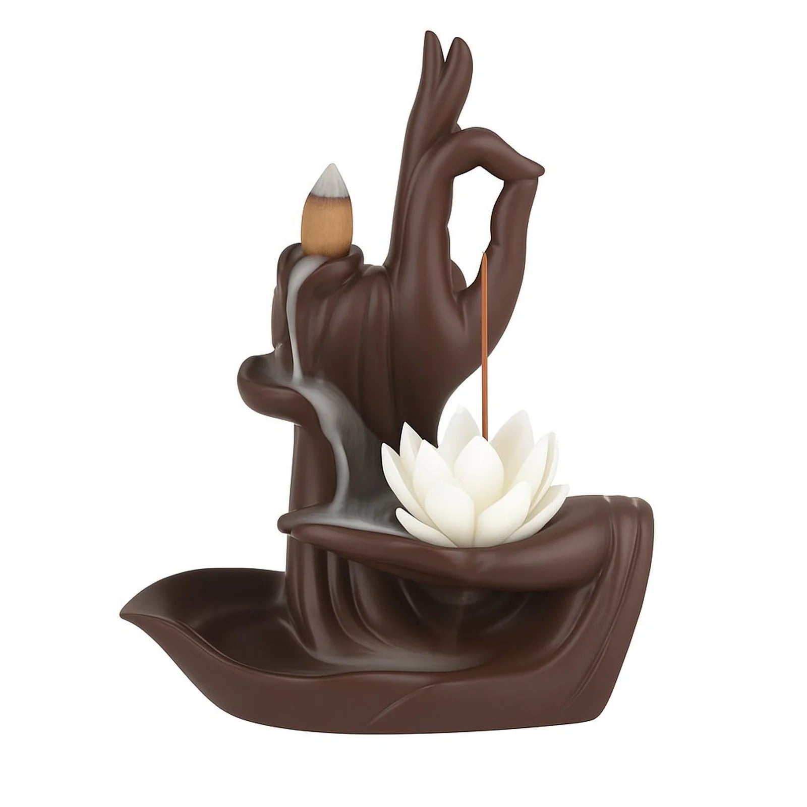 Quemador de incienso cascada zen de cerámica con flor de loto, diseño decorativo para el hogar.