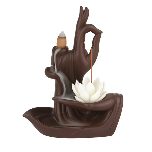 Quemador de incienso cascada zen de cerámica con flor de loto, diseño decorativo para el hogar.